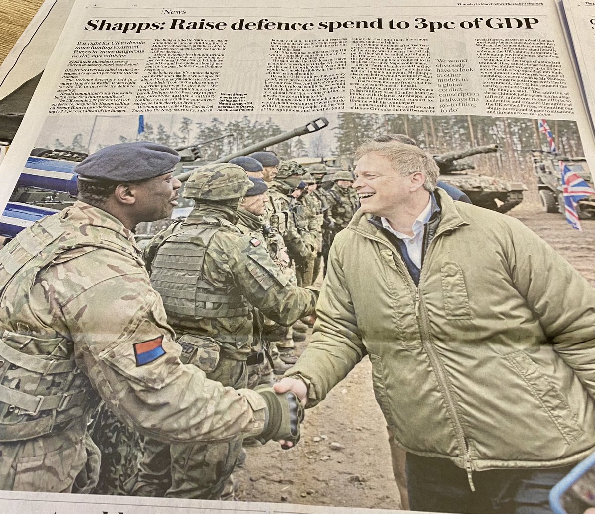 If Grant Shapps wants to raise defence spending to 3% of GDP, (full page leadership campaign advert in today’s Daily Telegraph) why doesn’t he speak to the Secretary of State for Defence? Or is he like Badenoch, Mordaunt, Jenrick & the others just posturing to be Tory Leader?