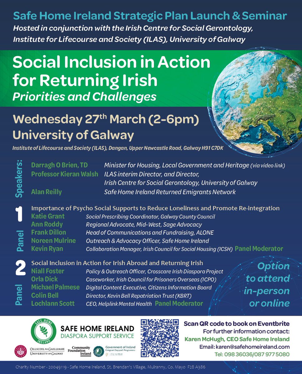 Invitation to @Safehomeireland Strategic Plan Launch & Social Inclusion in Action Seminar - 27 March at The Institute of Lifecourse & Society @uniofgalway. See below for more info & registration details Option to attend online: send DM here or contact our office for link