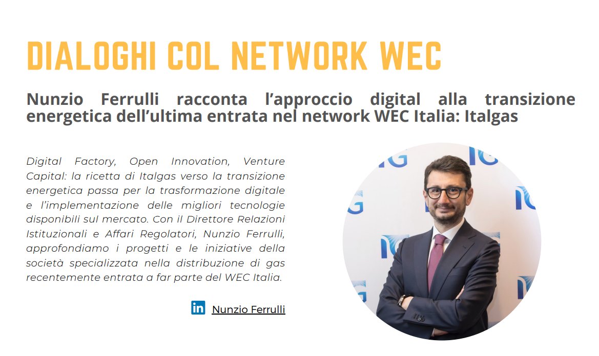 #Energia #Innovazione

Digital Factory, Open Innovation, Venture Capital: <a href="/nunzioferrulli/">Nunzio Ferrulli</a> racconta l'approccio #digital di <a href="/Italgas/">Italgas</a> alla #TransizioneEnergetica e i progetti dell'azienda specializzata nel #gas

L'intervista sul nuovo #WECItaliaDialogues👉 bit.ly/WECDialogues12