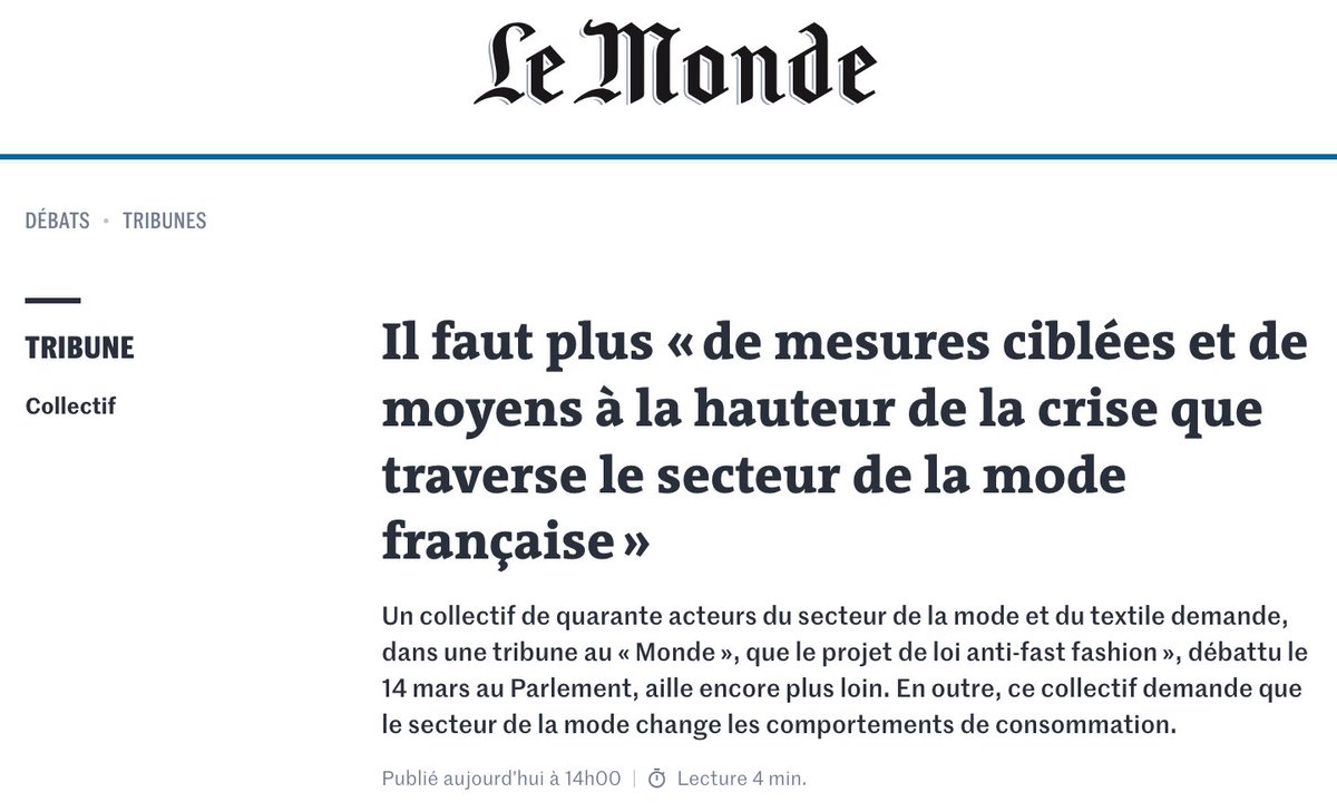 Nous signons une tribune commune pour dire 'Allons plus loin' au gouvernement. La proposition de loi sur la Fast Fashion est examinée ce jeudi 14 mars. Lisez notre tribune parue dans Le Monde et rejoignez les signataires ! 📗 Pour lire la tribune: lnkd.in/edP7BFd6