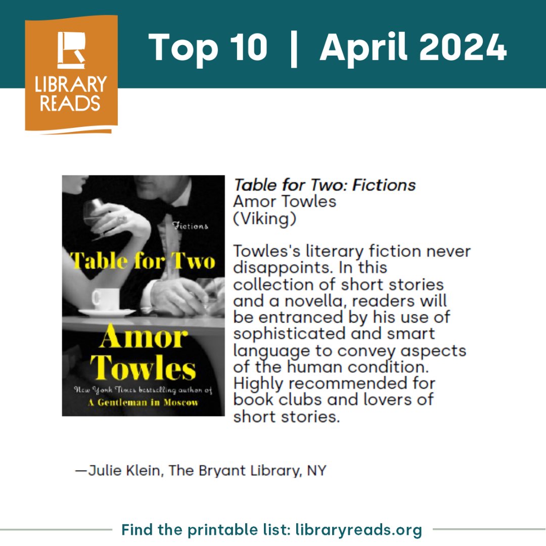 Next on the April 2024 LibraryReads list is TABLE FOR TWO: FICTIONS by @amortowles! @PRHLibrary