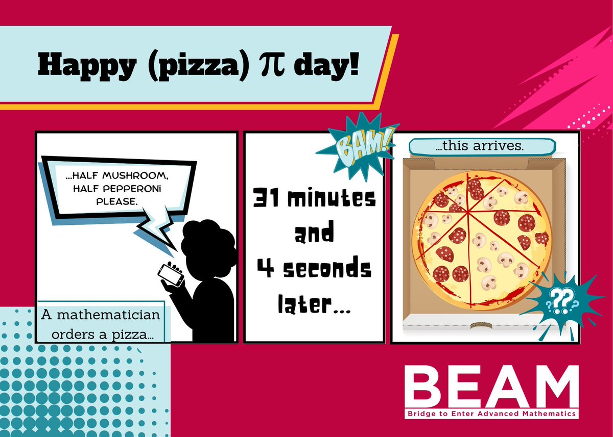 Happy π Day from BEAM!

At BEAM, we eat a lot of pizza, which led us to ponder:

Is it possible for two mathematicians to split a strangely sliced pizza so that each gets exactly half of the pizza adorned with their favorite topping?

buff.ly/3TA0Fdp 

#PiDay #πDay