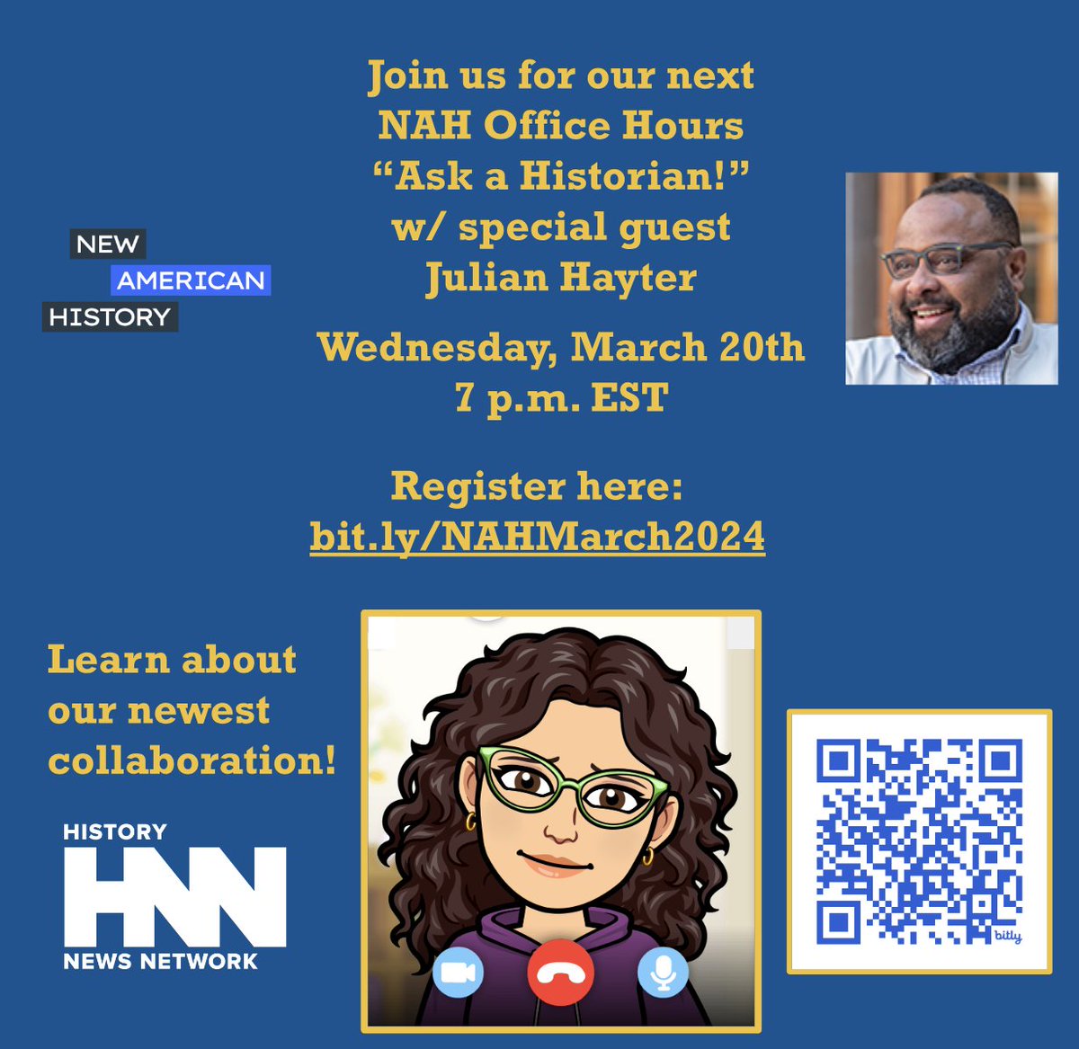 This month our New American History Office Hours will be less structured, and very student-friendly: 'Ask a Historian' with UR Professor Julian Hayter. Register here: bit.ly/NAHMarch2024