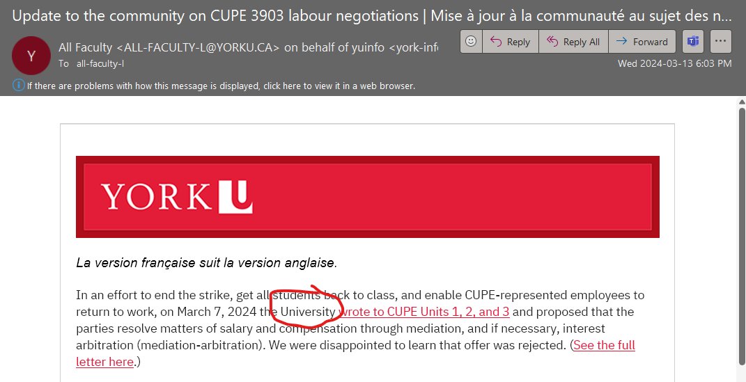 I don't have a problem with @YorkUniversity management emails to faculty setting out their bargaining positions But management is not 'the University' Communications should be from specific individuals who take responsibility for their content