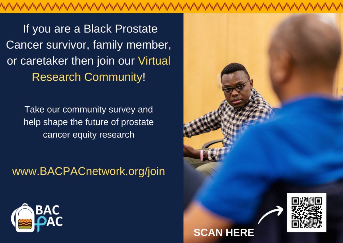 This virtual research community is free to join and is for all community members interested in advancing prostate cancer equity research. If you or someone you know is a Black Prostate Cancer survivor you can register here: bacpacnetwork.org/join Thank you @BACPACNetwork