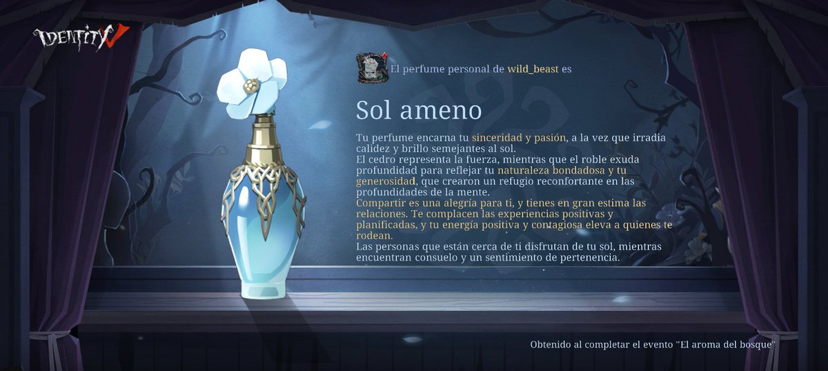 AgenteK18's tweet photo. ¡Creé el perfume [Sol ameno] en el evento «El aroma del bosque»!#ElAromaDelBosque#IdentityV https://t.co/udvO897Go6