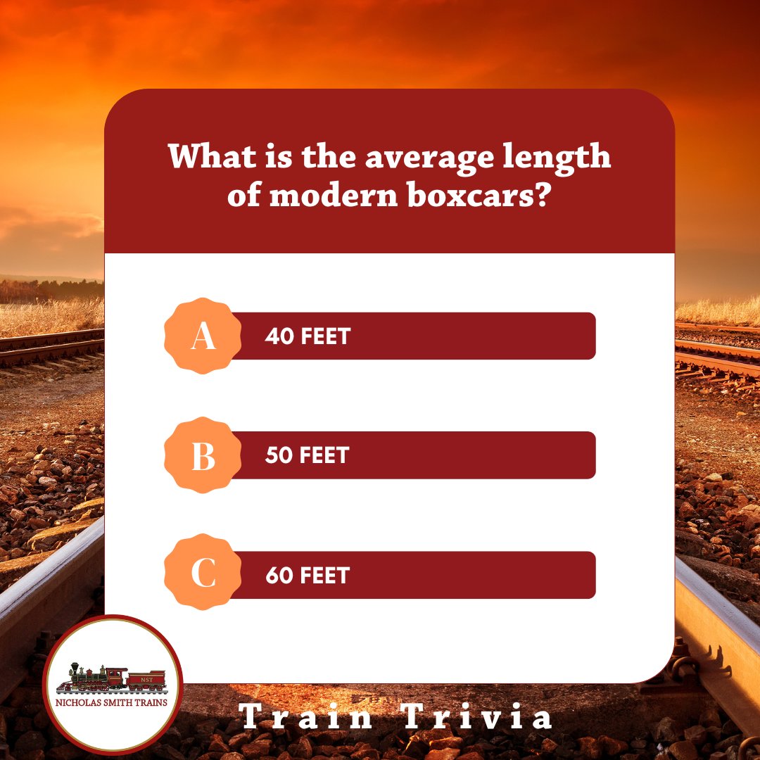 Do you know the average length of modern boxcars? Guess the answer in the comments! #trivia #traintrivia #triviaquestions #trainknowledge #trainfacts #traincollectors #nicholassmithtrains