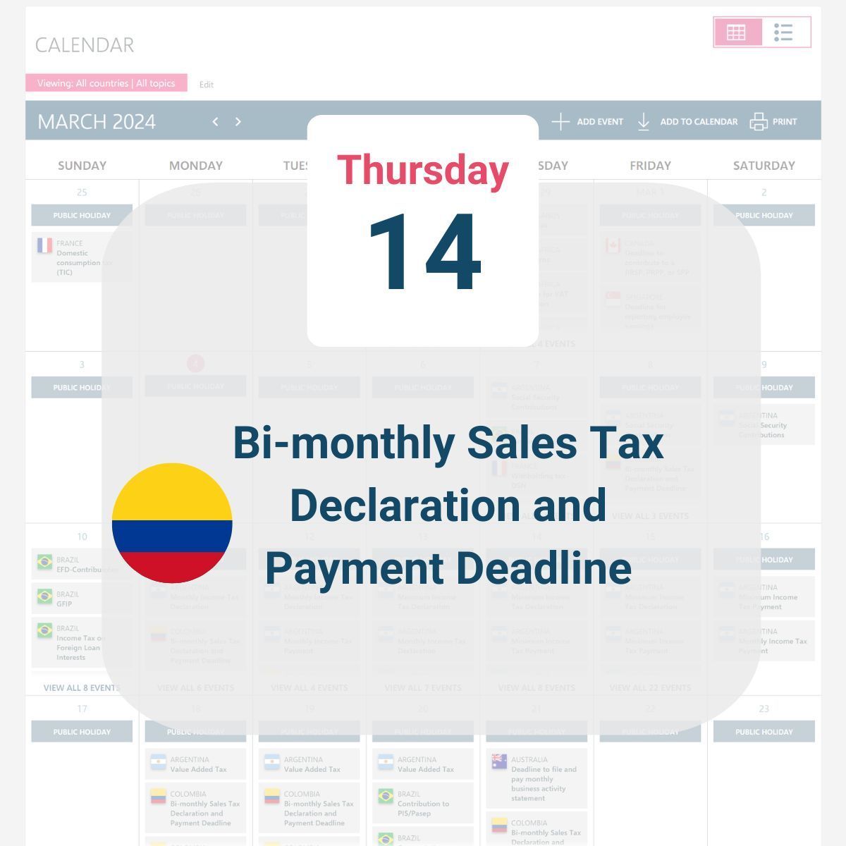 GPStrategist's tweet photo. Global People Strategist Compliance Calendar Reminder! In Colombia, taxpayers with an NIT or RUT ending in 5 have a bi-monthly sales tax declaration and payment deadline for January and February. https://t.co/WKGW81gL28