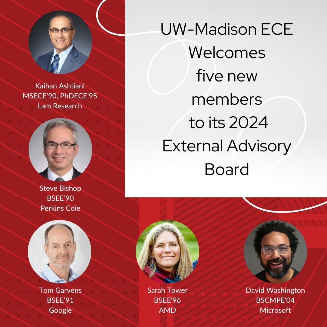 UW-Madison ECE is thrilled to have these five alums share their time, talent, and perspectives as part of our twenty member 2024 advisory board. Welcome, all! To see the full board roster: engineering.wisc.edu/departments/el… @UWMadEngr @UWMadison @WisAlumni