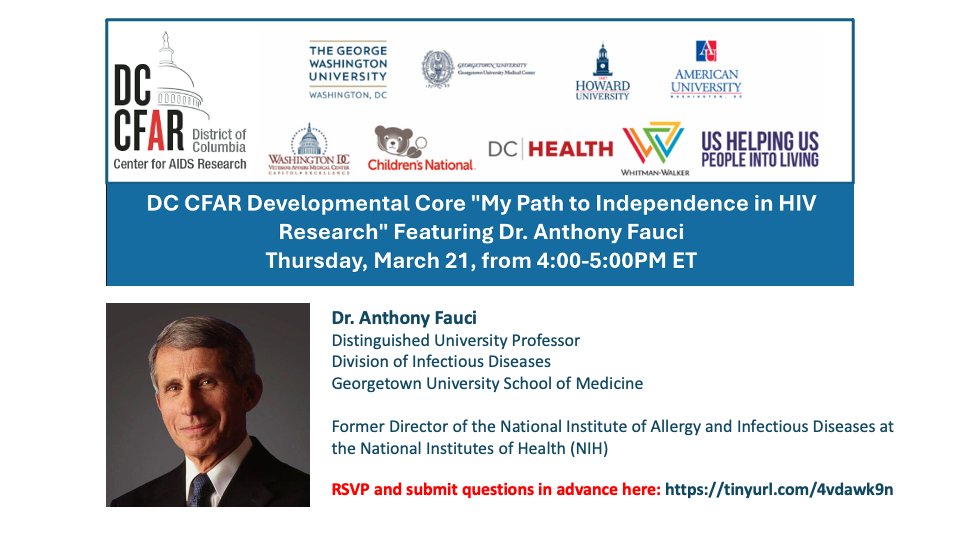 Don't miss this fantastic opportunity to hear #HIVHero Dr. #AnthonyFauci discuss research careers in #HIV-related science! Hosted by @DC_CFAR on Thurs. March 21, 4-5 pm Eastern. RSVP & submit questions for Dr. Fauci now! ow.ly/v2oX50QKcRV