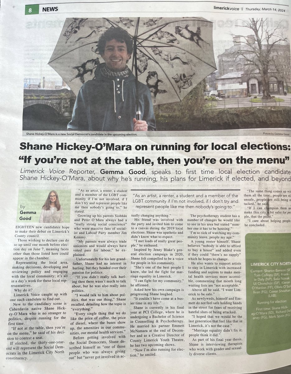 Thrilled to see our wonderful @ShaneHickeyOM who is running for #LE24 on the North Side in this weeks @LimerickVoice

“As an artist, a renter, a student, a member of the LGBT community” Shane wants to make sure people like him are represented 

#Limerick @SocDems @Limerick_Leader