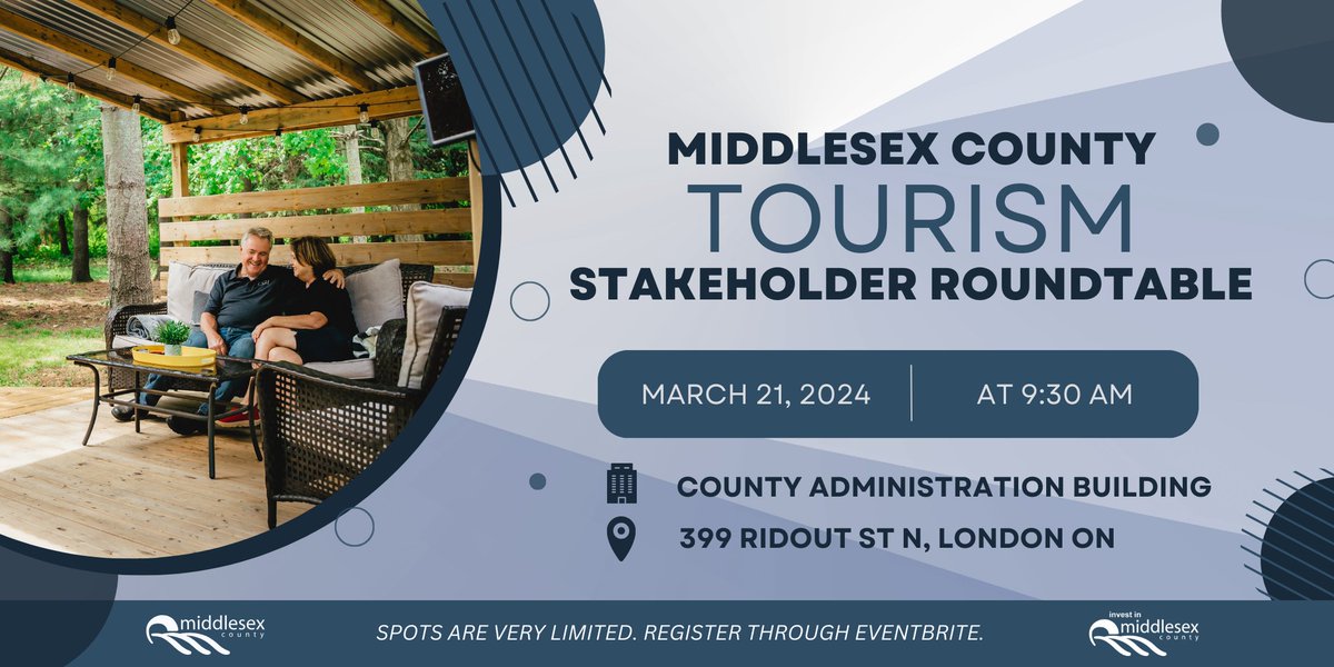 Attention Middlesex County tourism stakeholders! We need your perspectives on Middlesex County’s tourism offerings and related regulations. Join us for a discussion on March 21st at the County Administration Building. Register today. eventbrite.ca/e/tourism-stak…