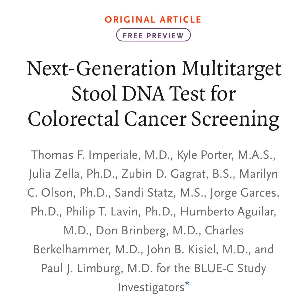 Two studies in @nejm on non-invasive detection of #ColorectalCancer 1: Blood based cfDNA assay (@GuardantHealth) nejm.org/doi/full/10.10… 2: Stool based multi target DNA test (@ExactSciences). A🧵 on comparative numbers 👉🏽 Sensitivity for ALL CANCER Dx: cfDNA: ~83%; Stool:…