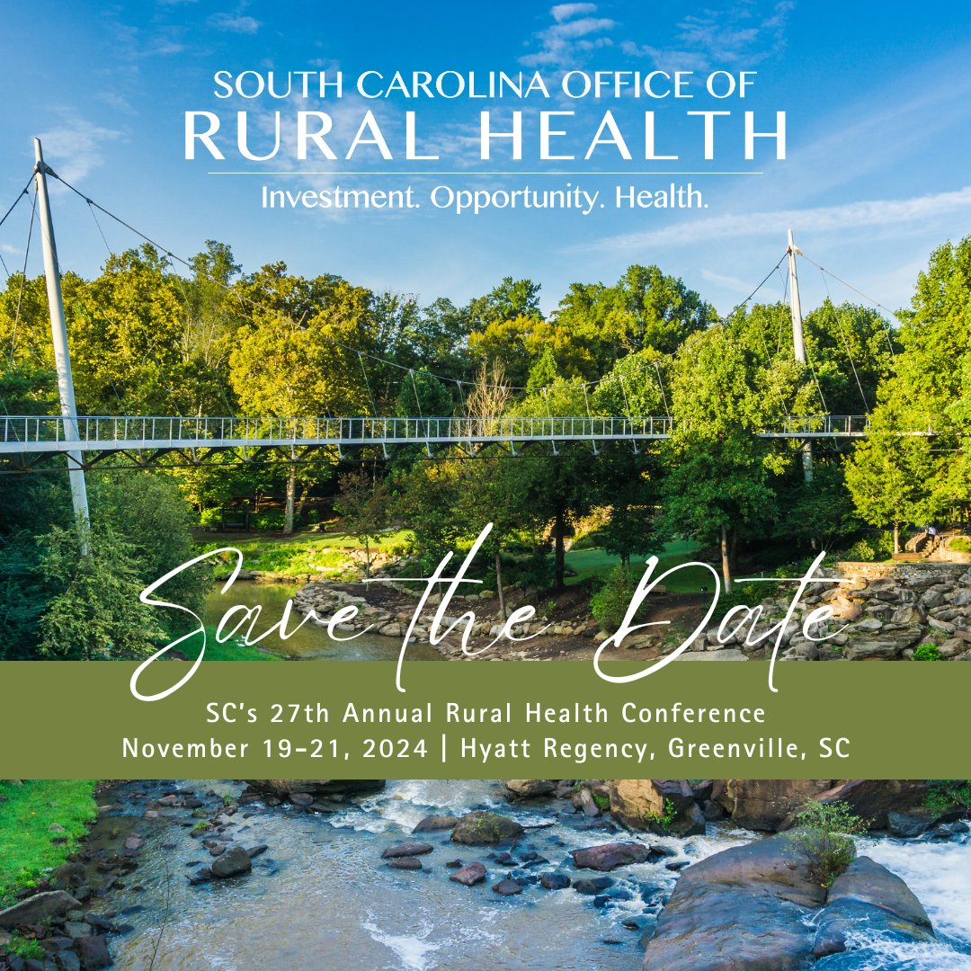 Save the date for the 27th annual Rural Health Conference! 

This year’s conference will be held in Greenville, SC on November 19-21. Registration and further details will be available soon!