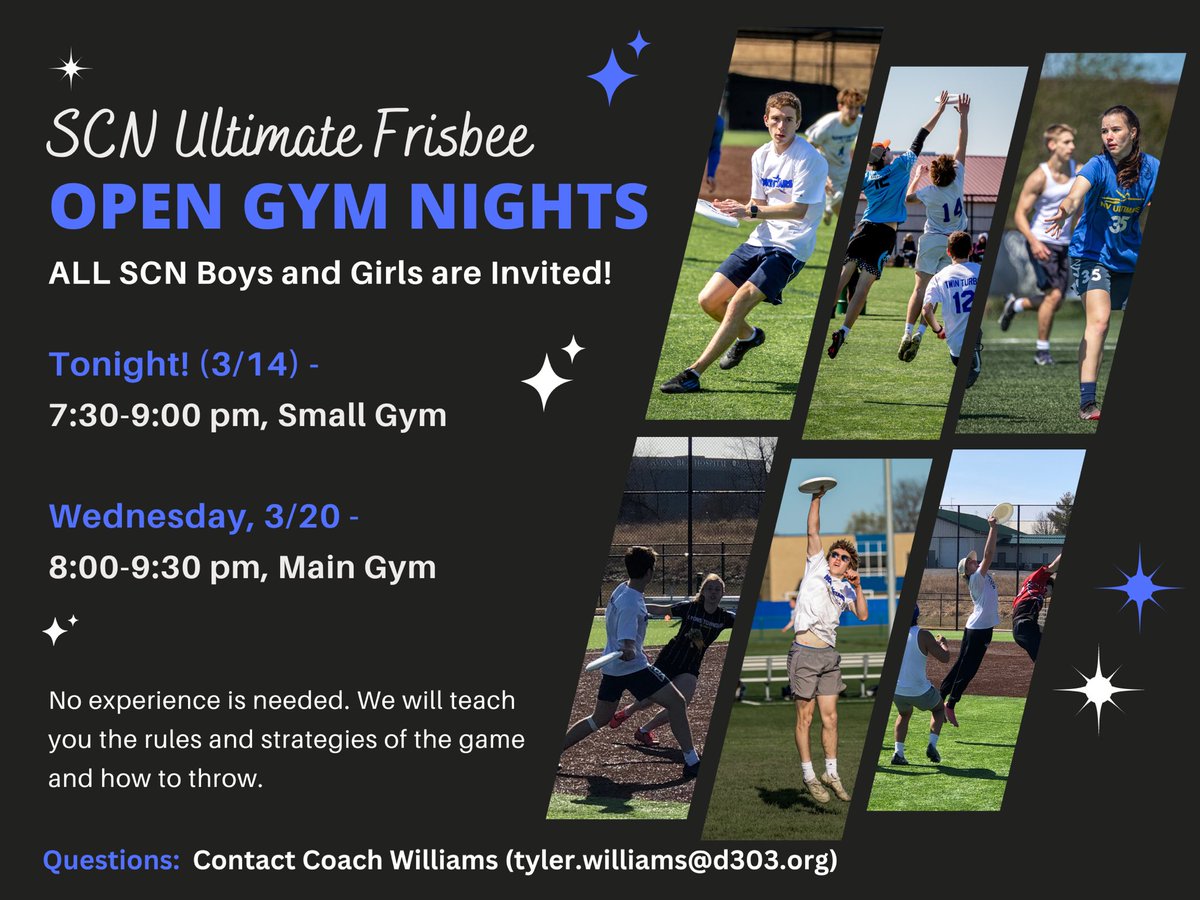 Are you an off-season athlete looking for a fun way to condition this spring? Are you a North student looking for a new sport to try? Did you know SCN has a competitive Ultimate team? Join us for open gym. Give this great sport a try!! <a href="/SCNAthletics/">St. Charles North Athletics</a> <a href="/SCNBoosters/">SCN Athletic Boosters</a> <a href="/StCharlesNorth/">St. Charles North HS</a>