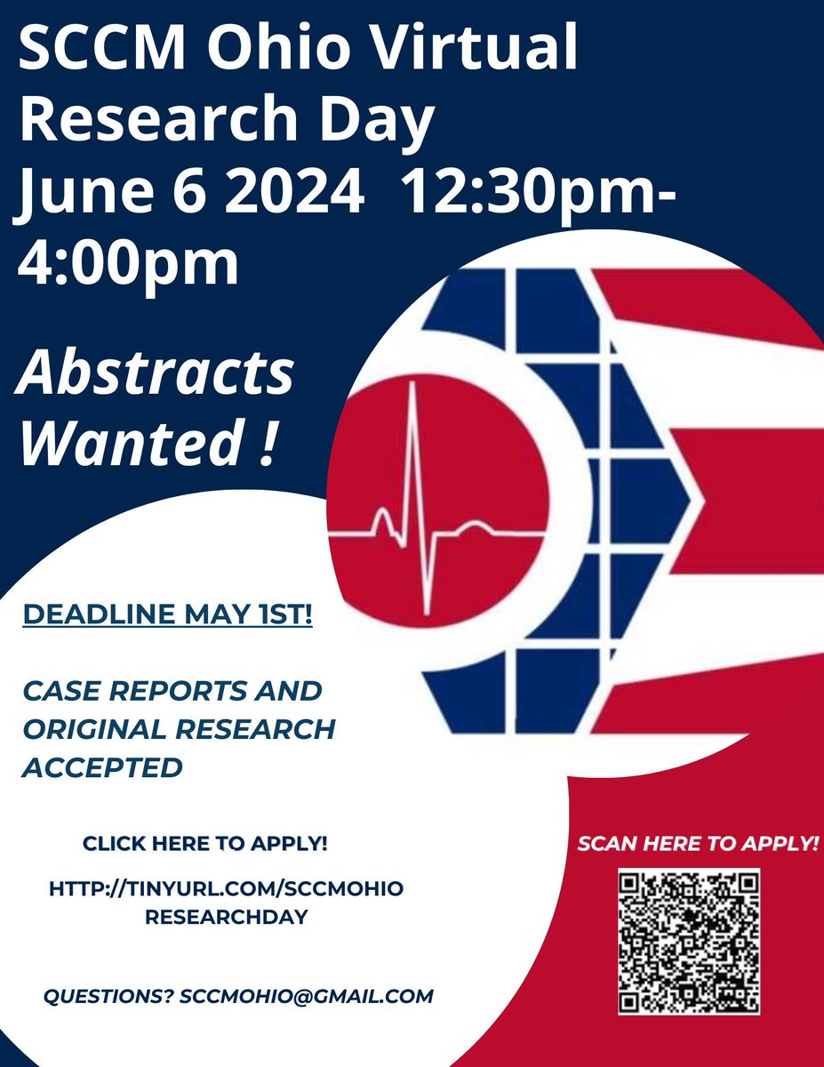 SCCMohio's tweet photo. Have a case report or original research project you want to share?
We have just the solution for you, submit your abstract for SCCM Ohio's Virtual Research Day!
Find details for submission here 👉 https://t.co/EnLAM4qDlz
🚨 Deadline is May 1st 🚨 https://t.co/vzDppwv2H4