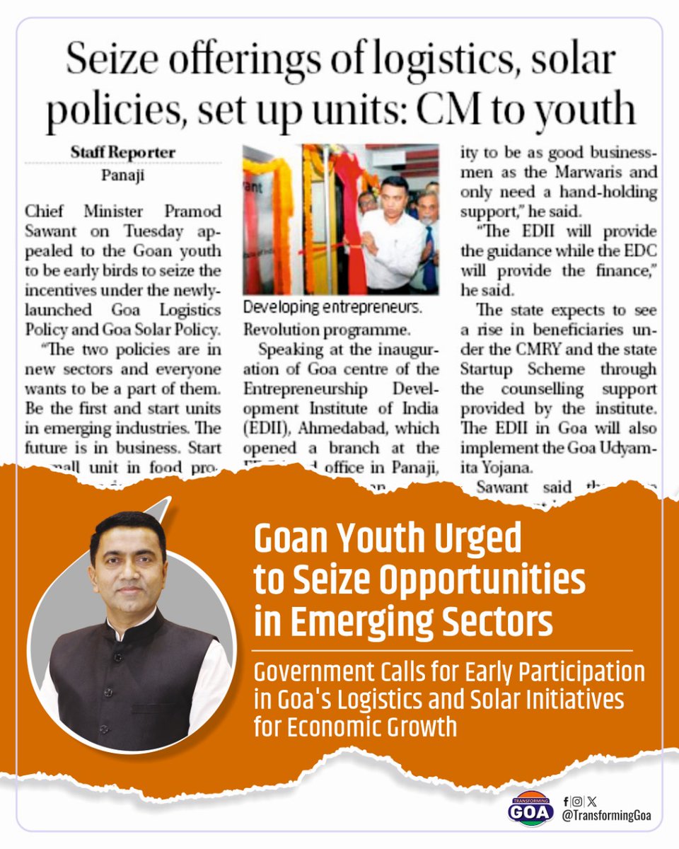 TransformingGoa's tweet photo. Goan Youth Urged to Seize Opportunities in Emerging Sectors

#goa #GoaGovernment #TransformingGoa  #bjymgoa #GoanYouth #EmergingSectors #LogisticsOpportunities #SolarInitiatives #EconomicGrowth #YouthEmpowerment #GoaDevelopment #OpportunitySeizing  #GovernmentInitiatives https://t.co/2FvO6uQXww