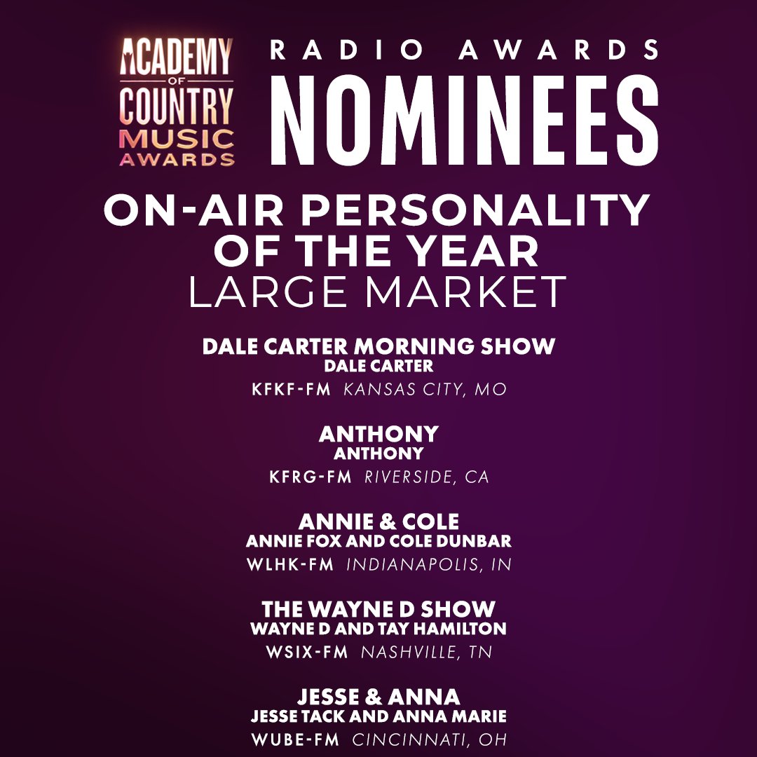 ACMawards's tweet image. We think these on-air personalities are larger than life! 📻

The 59th #ACMawards On-Air Personality of the Year - Large Market nominees are:

🎙️ @dalekfkf (@941KFKF)
🎙️ @onairanthony (@KFROGRadio)
🎙️ @AnnieFoxOnAir, @Cole_Dunbar, @_AnnieandCole (@HANKFM)
🎙️ @heswayned,…