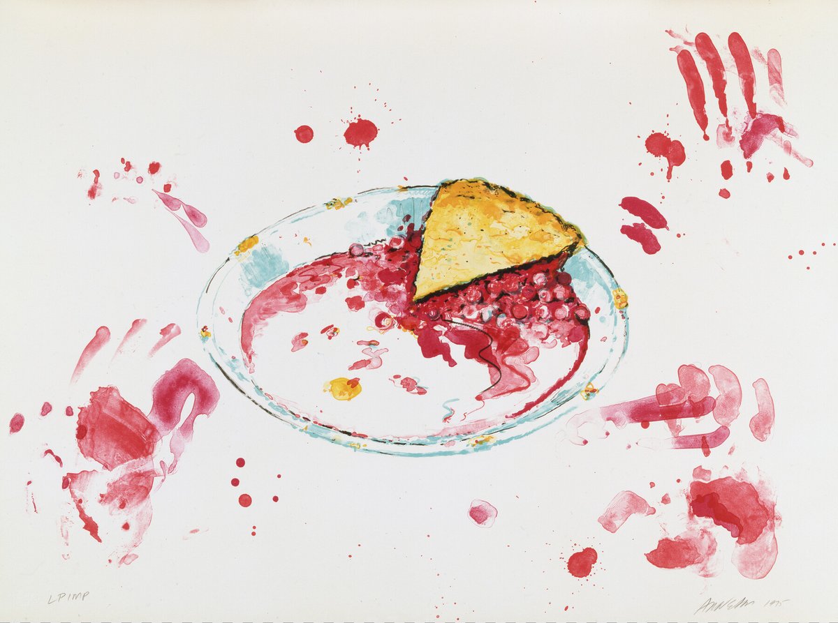 Happy Pi(e) Day! 🥧 How about a mouth-watering piece of cherry? The last slice in Robert Arneson's print overflows with extra filling, and the spatters of ink around the pan create a deliciously messy effect. Explore more prints and drawings at collection.mam.org/collection-are… #PiDay