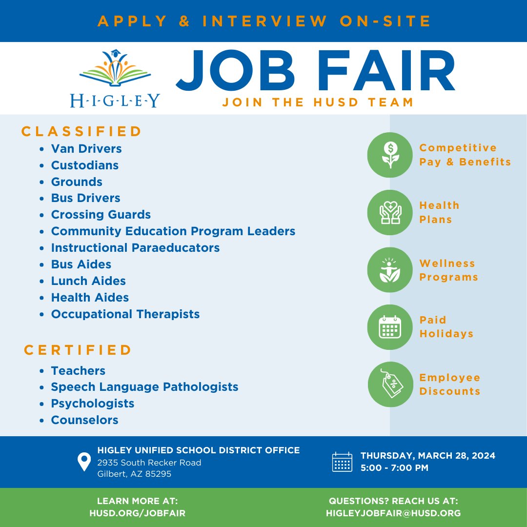 higleydistrict's tweet photo. Join the #HUSD Team! We're hiring and seeking dedicated individuals who are ready to make a difference. Save the date for our #JobFair to explore all opportunities and conduct on-site interviews.

Click here to learn more or apply now: https://t.co/Tj82bi6aCc

#WeAreHiring https://t.co/zmz47r79qQ