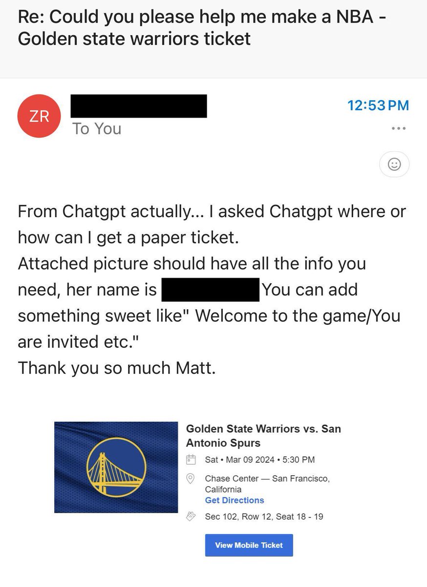 #TicketStubThursday

How cool is this? He wanted a printed ticket for a friend who lives in China & went to her first @warriors game. 

He asked #ChatGPT4 how they can get a ticket & the response was @TicketTimeMach1.

#TicketsAreComing #MobileTicketsAreLame