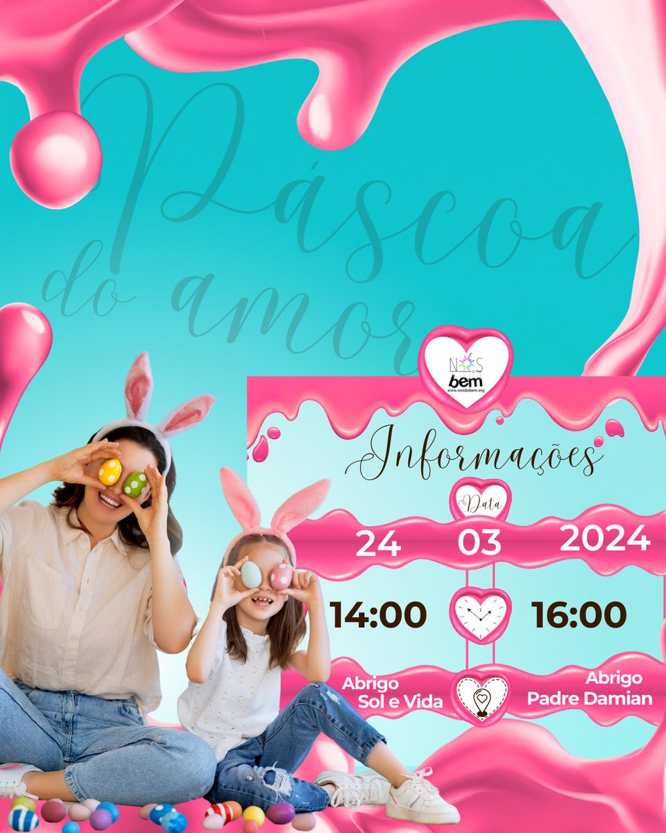 nosdobem's tweet photo. Ação nos Abrigos Sol e Vida e Padre Damian
Data: 24/03/2024
14h no Abrigo Sol e Vida
16h no Abrigo Padre Damian
Tema: Páscoa do Amor https://t.co/78YHh95CEJ