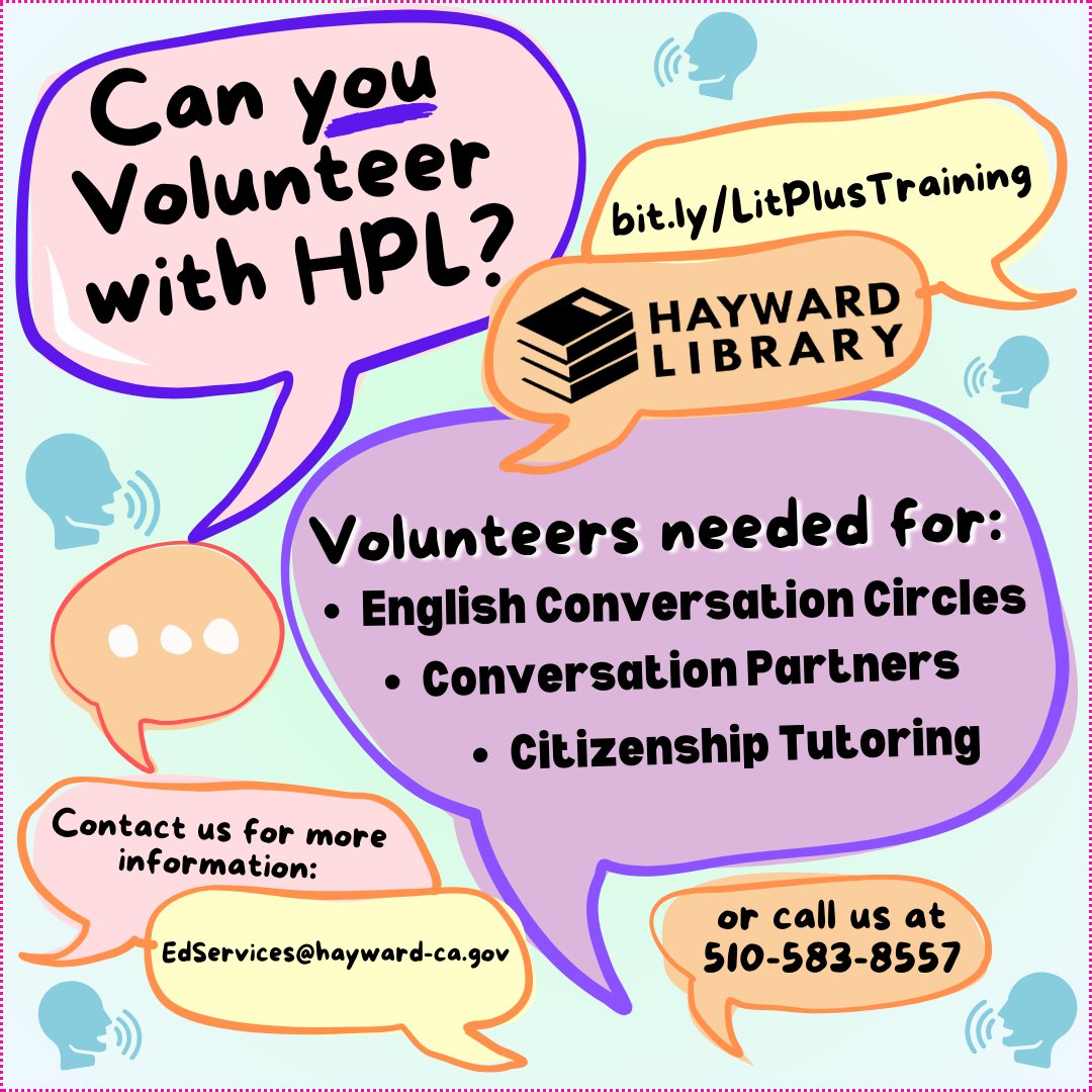 HaywardLibrary's tweet photo. Apply online: https://t.co/e3KkfbLEeX
Contact us: EdServices@hayward-ca.gov or (510) 583-8557
#volunteer #volunteering #tutoring #teaching #esl #eslvolunteer #adultliteracy #hayward #HaywardPublicLibrary #EnglishConversationCircles #ConversationPartners #CitizenshipTutors https://t.co/r46EEWDBfA