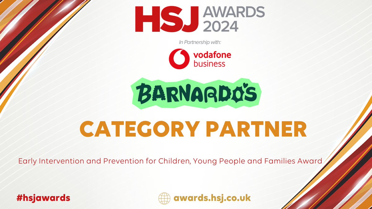 HSJ Awards (@hsj_awards) on Twitter photo Very pleased to welcome <a href="/barnardos/">Barnardo’s</a> as #hsjawards Category Partner for our brand new award: Early Intervention and Prevention for Children, Young People and Families Award.
Discover more here: bit.ly/3x1mMAE Very pleased to welcome <a href="/barnardos/">Barnardo’s</a> as #hsjawards Category Partner for our brand new award: Early Intervention and Prevention for Children, Young People and Families Award.
Discover more here: bit.ly/3x1mMAE