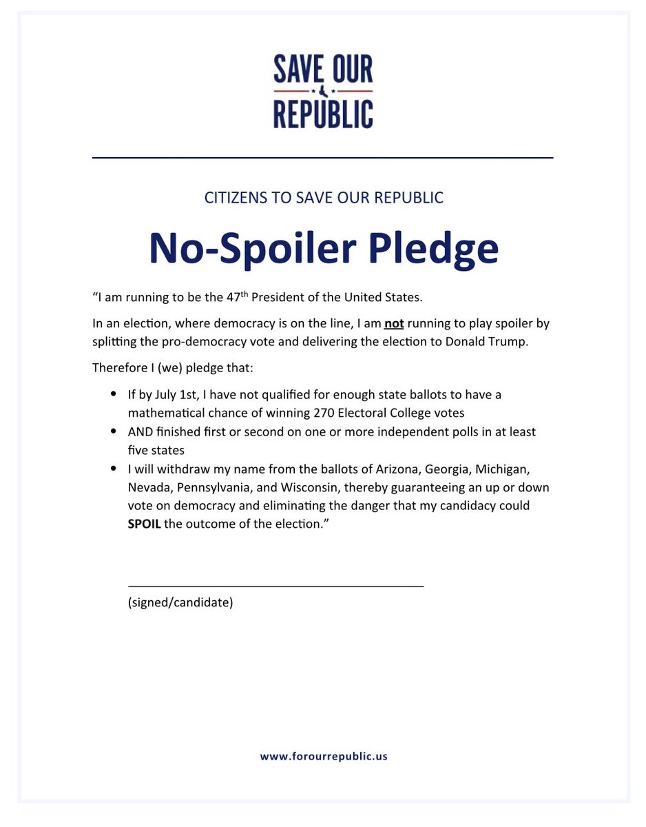 @NoLabelsOrg, @RobertKennedyJr, @DrJillStein, & @CornelWest & other future pop-up 3rd parties know they’re each a #Spoiler4Trump. 

Just as Trump & Co. intend — follow the money.

None are allaying the assertions through their actions & none will #SignThePledge. 1/