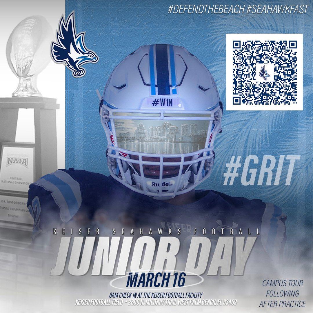 I will be attending Keiser University for their Jr day this Saturday! Thanks to @CoachAwoods64 and keiser football for the invite!!
#seahawkfast