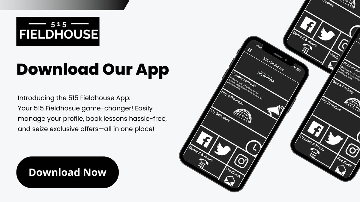 Transform the way you purchase and schedule lessons with just one tap! The 515 Fieldhouse App is live and ready to revolutionize how you schedule lessons, access your profile, and manage payments. Check out the app store by searching "515 Fieldhouse" #DownloadNow