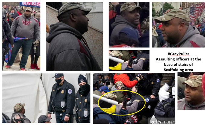 SeditionHunters's tweet photo. #GreyPuller was involved in the assault that began the breech into the scaffolding area along with several others. #SeditionHunters #DCRiot #CapitolRiot #HoldThemAccountable #DoYouKnow this man. #BrokenDoorSprayer Please contact the FBI at https://t.co/2Etf3eJm0e or contact us at admin@seditionhunters.org