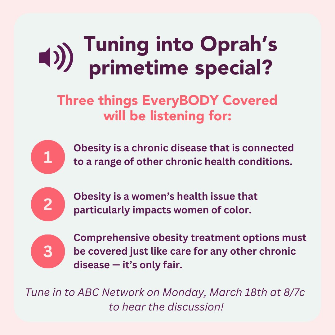 Tuning in to @Oprah's special on #obesity care on 3/18 at 8pm on @ABCNetwork? Read our latest blog post to find out the three things we’re watching for: bit.ly/3IFJGjy #everyBODYcovered