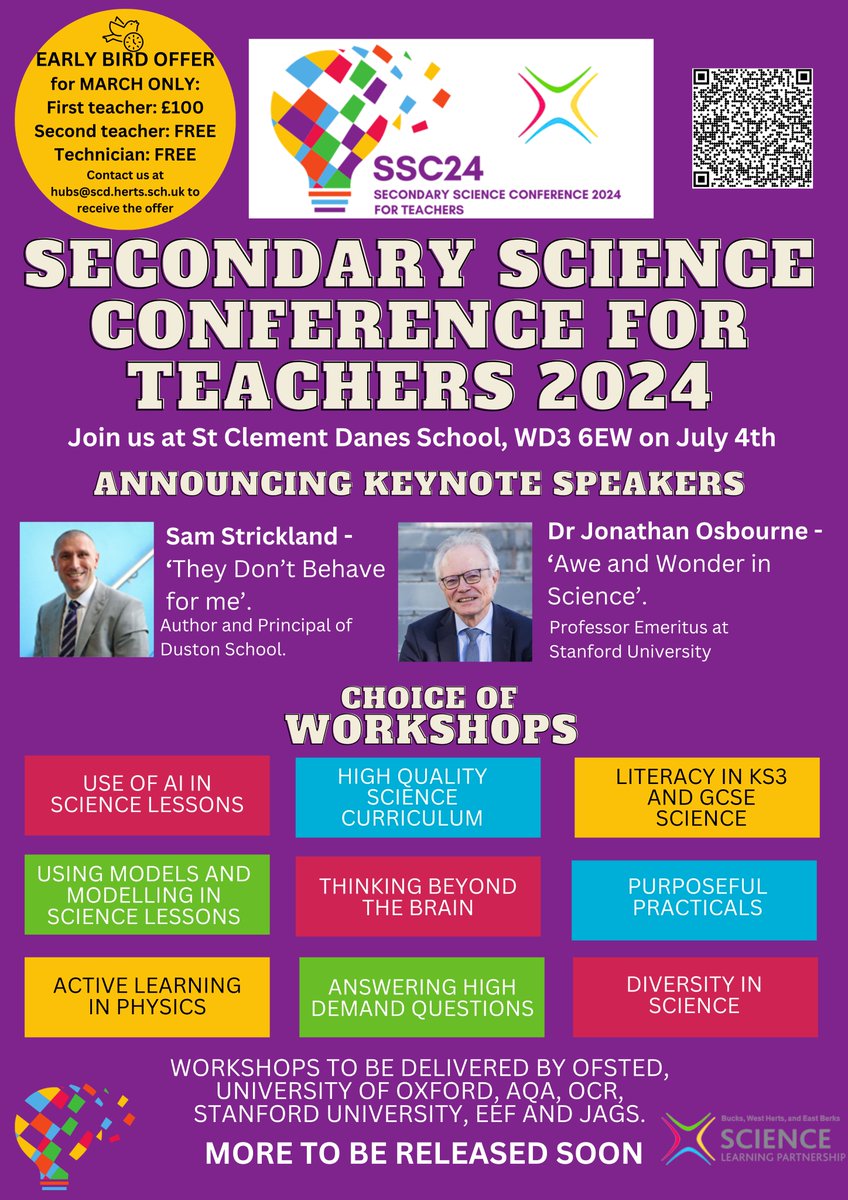 Have you seen this? A Secondary Science Teachers conference. So many wonderful speakers, and workshops on July 4th. There is an amazing early bird offer for March only. Two Teachers and a Technician for the price of 1. Email: hubs@scd.herts.sch.uk to secure the offer.