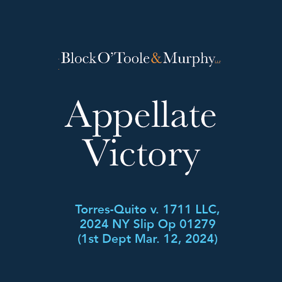 BlockOToole's tweet photo. Last week, Block O’Toole &amp; Murph’s appellate team, led by Christina Mercado, secured a major victory pursuant to New York Labor Law Section 240(1).
 
We’re proud of our family of attorneys and paralegals who work tirelessly to obtain justice for our clients. https://t.co/3jhsWaZk6k
