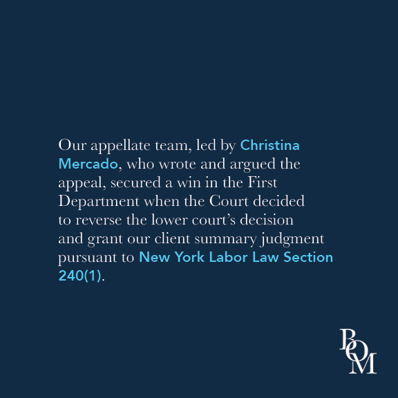 BlockOToole's tweet photo. Last week, Block O’Toole &amp; Murph’s appellate team, led by Christina Mercado, secured a major victory pursuant to New York Labor Law Section 240(1).
 
We’re proud of our family of attorneys and paralegals who work tirelessly to obtain justice for our clients. https://t.co/3jhsWaZk6k