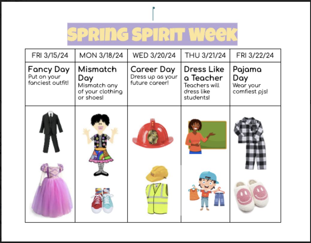 Tomorrow (3/15) is the first day of Spring Break Spirit Week at Windsor! <a href="/WindsorWildcats/">WindsorWildcats</a> 

Here are our optional dress up days! ☀️🕶️🌴