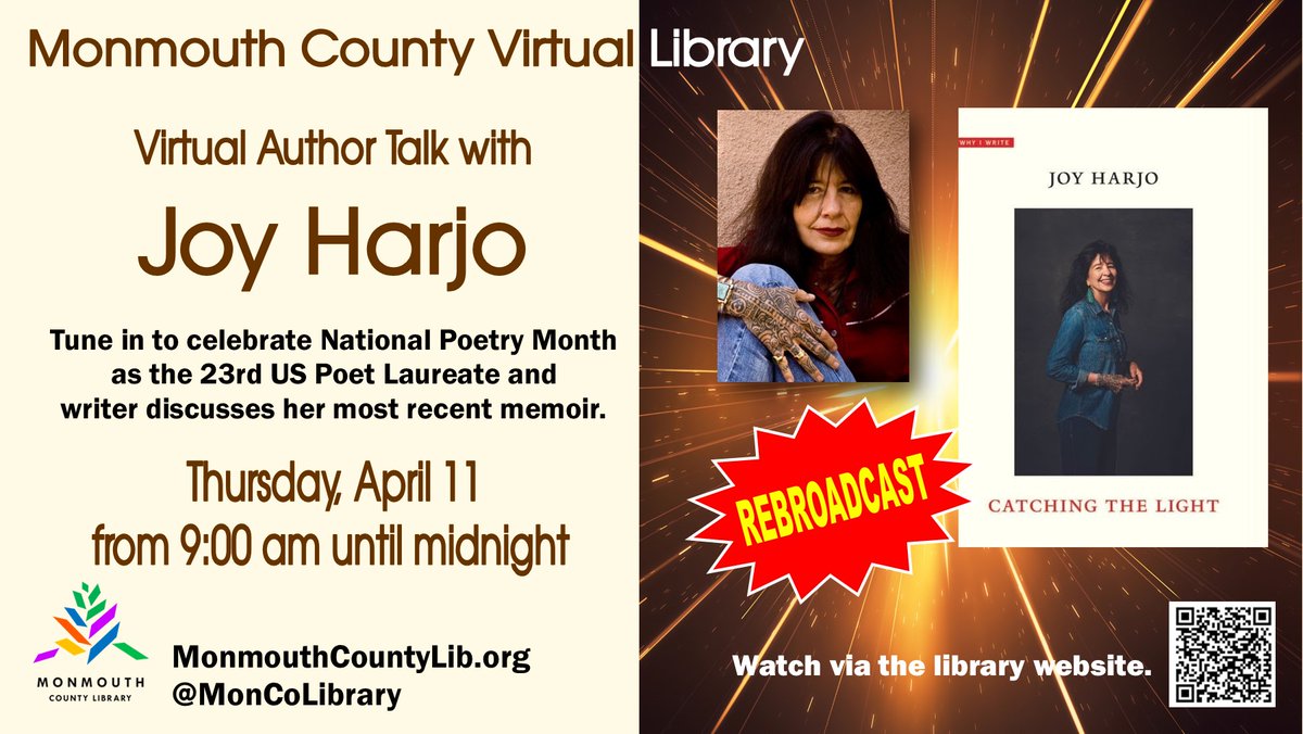 Tune in on Thursday, April 11 as Joy Harjo joins us for a chat about her most recent memoir, Catching the Light and to discuss her rewarding lifetime as a writer and poet.
 #moncolibrary #NationalPoetryMonth #poetry #joyharjo #catchingthelight #writerandpoet #Memoir #Rebroadcast