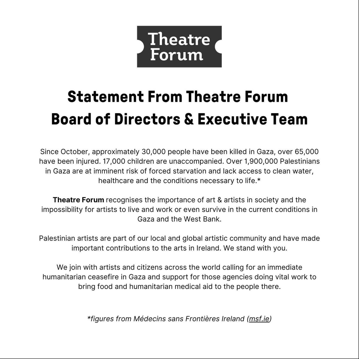 Statement from Theatre Forum Board of Directors & Executive Team