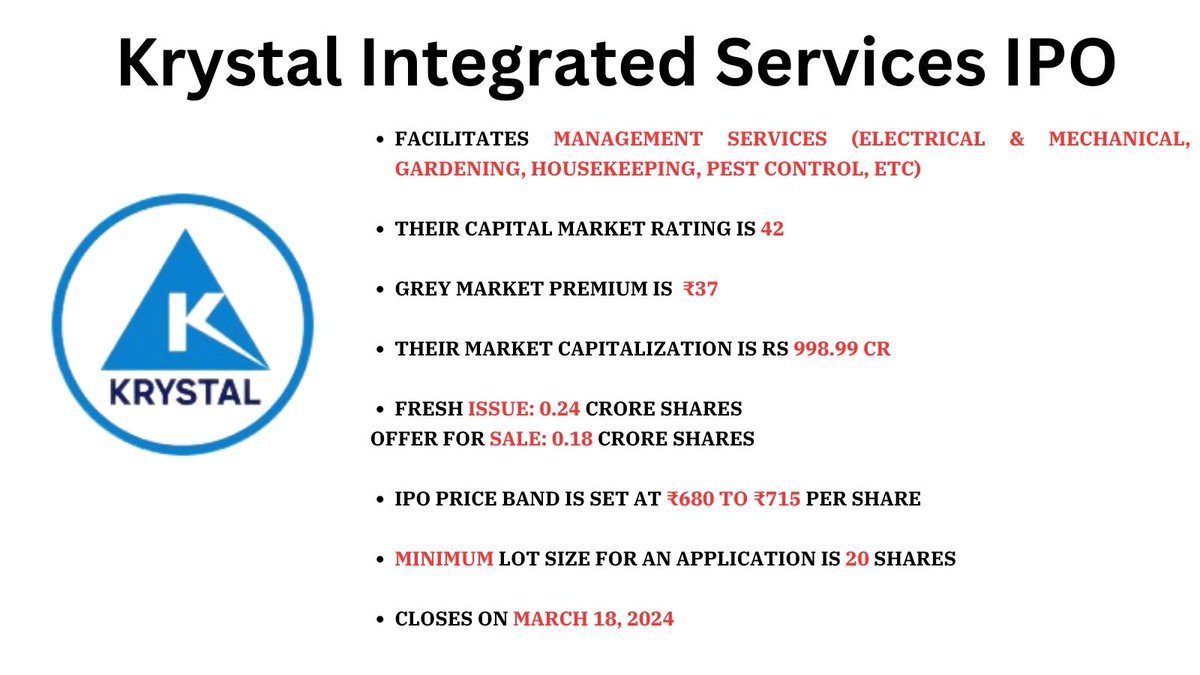MarketXLS_India's tweet photo. Krystal Integrated Services IPO saw a subscription of 36% on their first day of bidding ⬆️!
Did you grab this opportunity yet?
#krystalgroup #ipobidding #managementservices #ipo2024 #todaysnews #ipowatch #IPOAlert https://t.co/CAwgc1dOvz