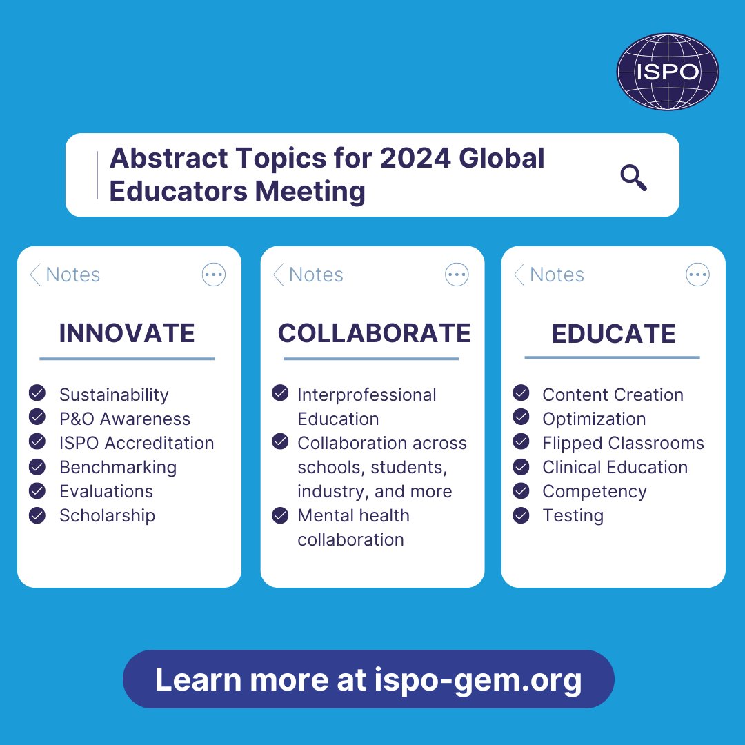 📢 Call for abstracts – deadline extended to April 15th
If you have research, insights, or ideas to share with the community, please submit your proposals! You can find detailed information and submission guidelines at ispo-gem.org/call-for-abstr…
#GEM2024 #GlobalEducatorsMeeting