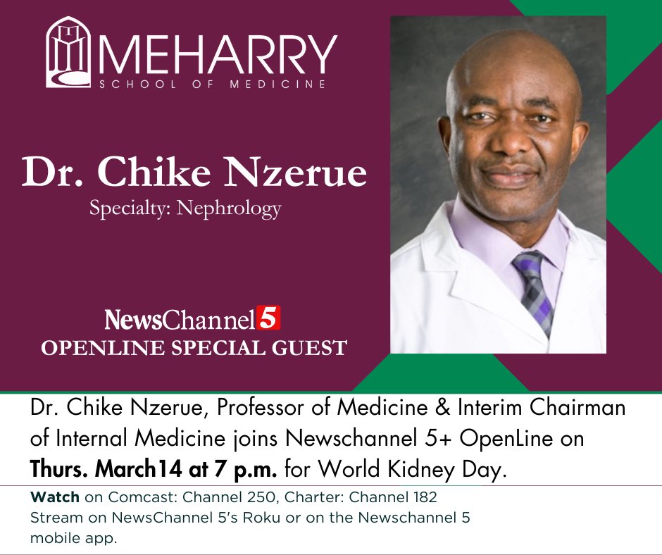 March 14 is #WorldKidneyDay. Dr. Chike Nzerue, Professor of Medicine & Interim Chairman of Internal Medicine joins Newschannel 5+ OpenLine at 7 p.m. to share important research about kidney disease, a condition that affects about 850 million people globally.