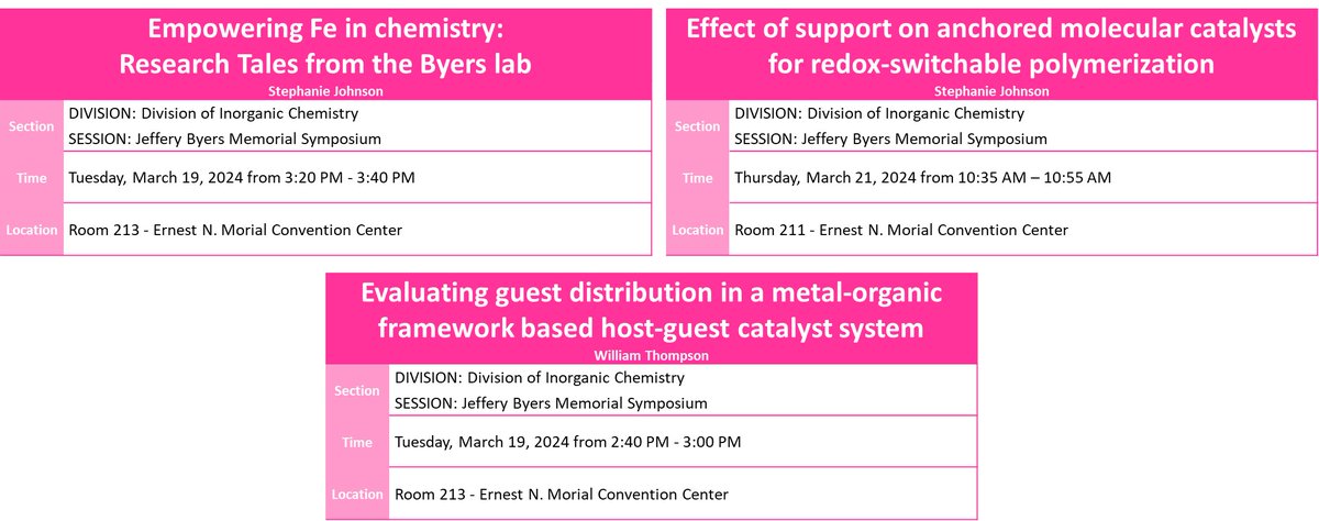 Check out 4th year students Bill (linkedin.com/in/william-tho…) and Stephanie's talks next week at #ACSSpring2024 on Tuesday and Thursday #chemtwitter