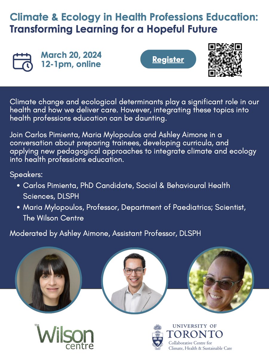 How can we better integrate #ClimateChange and ecology into health education? Looking forward to this event with @pimientacarlos and profs. Maria Mylopoulos & Aimone. March 20 at 12pm ET 🎟️ temertymedicine.utoronto.ca/event/climate-… #meded #publichealth @theWilsonCentre @UofT_dlsph @uoftmedicine