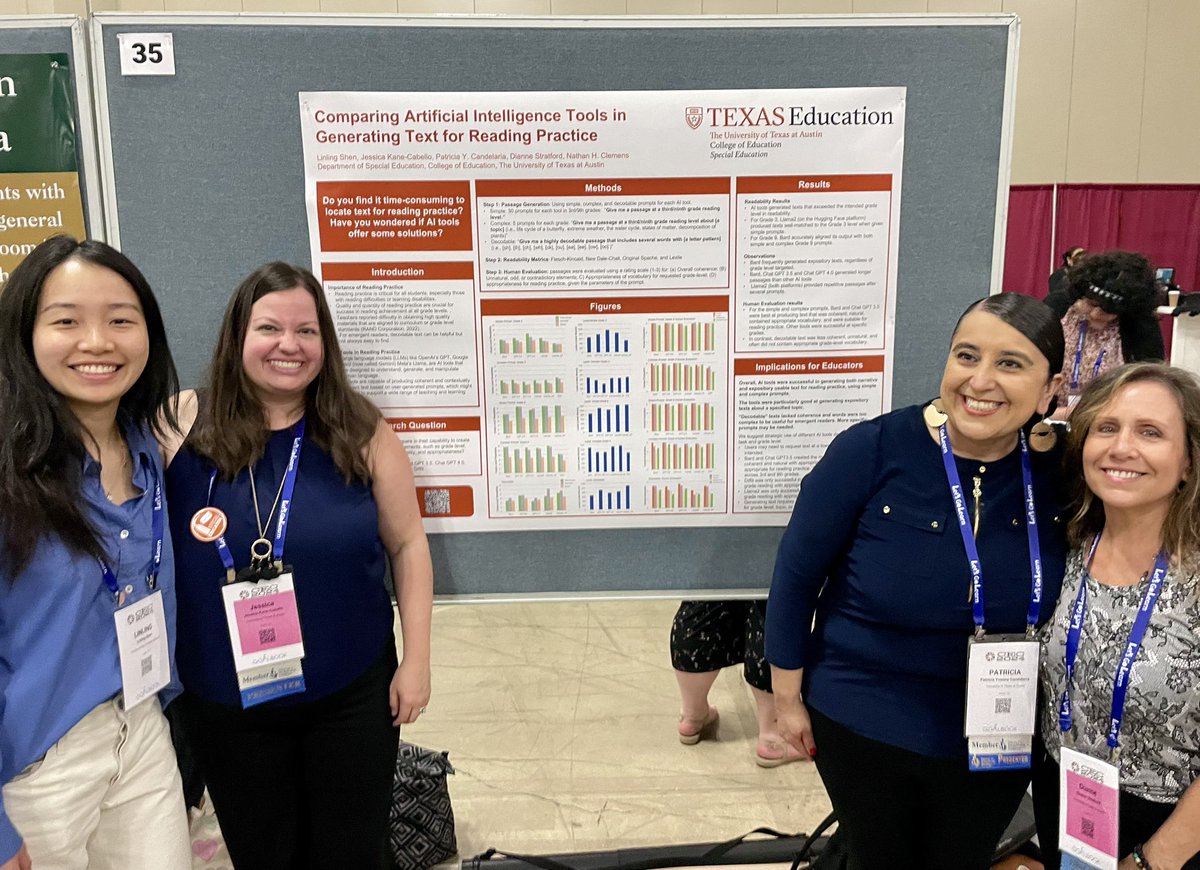 Kudos to my awesome doc students for their poster at #CEC2024 Comparing AI Tools in Generating Text for Reading Practice @pattycandelaria @StratfordDianne @linling_shen & Jessica Kane-Cabello