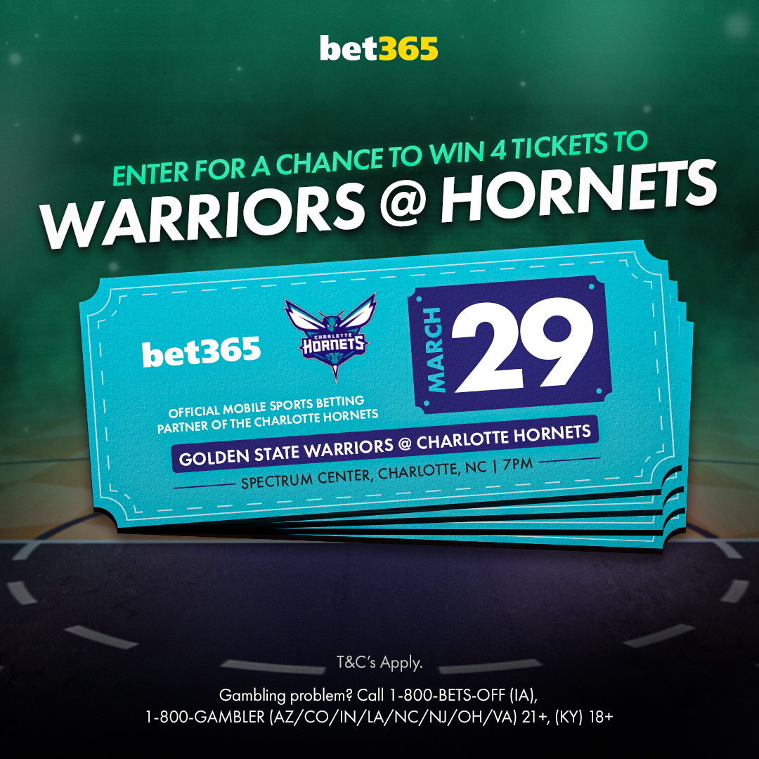 Warriors @ Hornets Ticket Giveaway 🎟️ 1⃣ RT this Post 2⃣ Follow @bet365_us 3⃣ Follow @hornets ONE lucky winner will be given FOUR free tickets to the Spectrum Center on March 29th 📅 Must be 21+ | Full T&Cs: bit.ly/bet365xHornets…