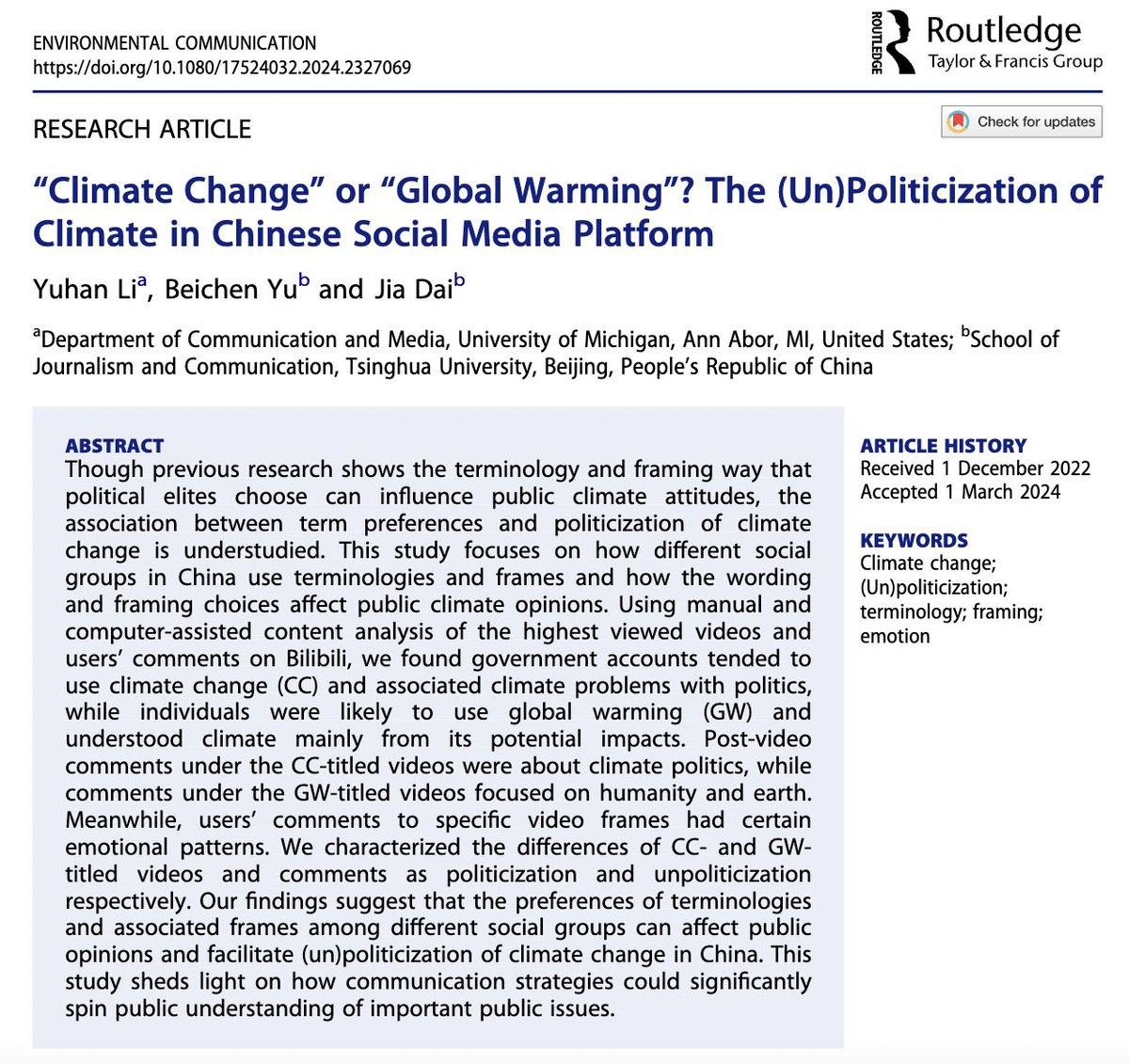 🌏Excited to share our latest publication on Environmental Communication! #ScienceCommunication

We found that the choices of terminologies (#GlobalWarming vs. #ClimateChange) and framing (un)politicize public understanding of climate change.

🧵Paper: tandfonline.com/doi/full/10.10…