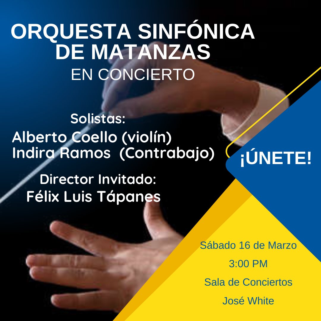 Otras de las opciones para disfrutar esta semana, esta vez a cargo de la Orquesta Sinfónica de Matanzas. La cita justo a las 3:00 PM en la Sala de Conciertos José White. 
Los Esperamos