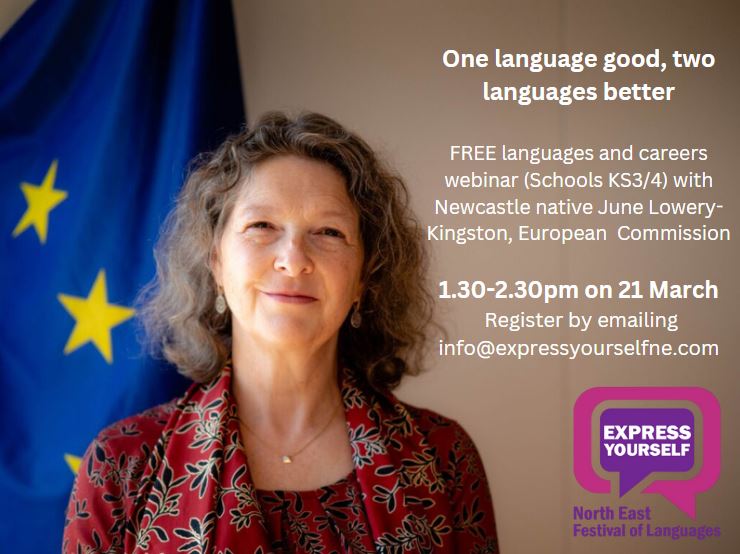 Schools (KS3/4): Join June Lowery-Kingston on a journey from the Tyne to working abroad as an aupair, spy and at the EU Commission. FREE languages & careers webinar 1.30-2.30pm 21st March. Inspire your pupils to understand how languages open doors. expressyourselfne.com/languages-care…