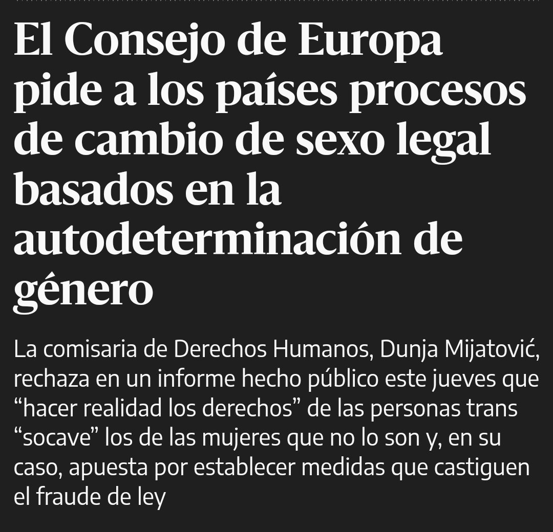 ‼️ Importante la posición y el camino que marcan las instituciones europeas 🇪🇺 🏳️‍⚧️
👉 La comisaria de Derechos Humanos del Consejo de Europa, Dunja Mijatović, rechaza en un informe hecho público este jueves que hacer realidad los derechos de las personas trans socave los de las